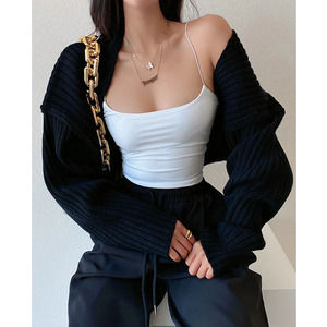 Commense Solid Ribbed Bolero Sweater Cover Long Sleeve Knit Black Casual Stretch